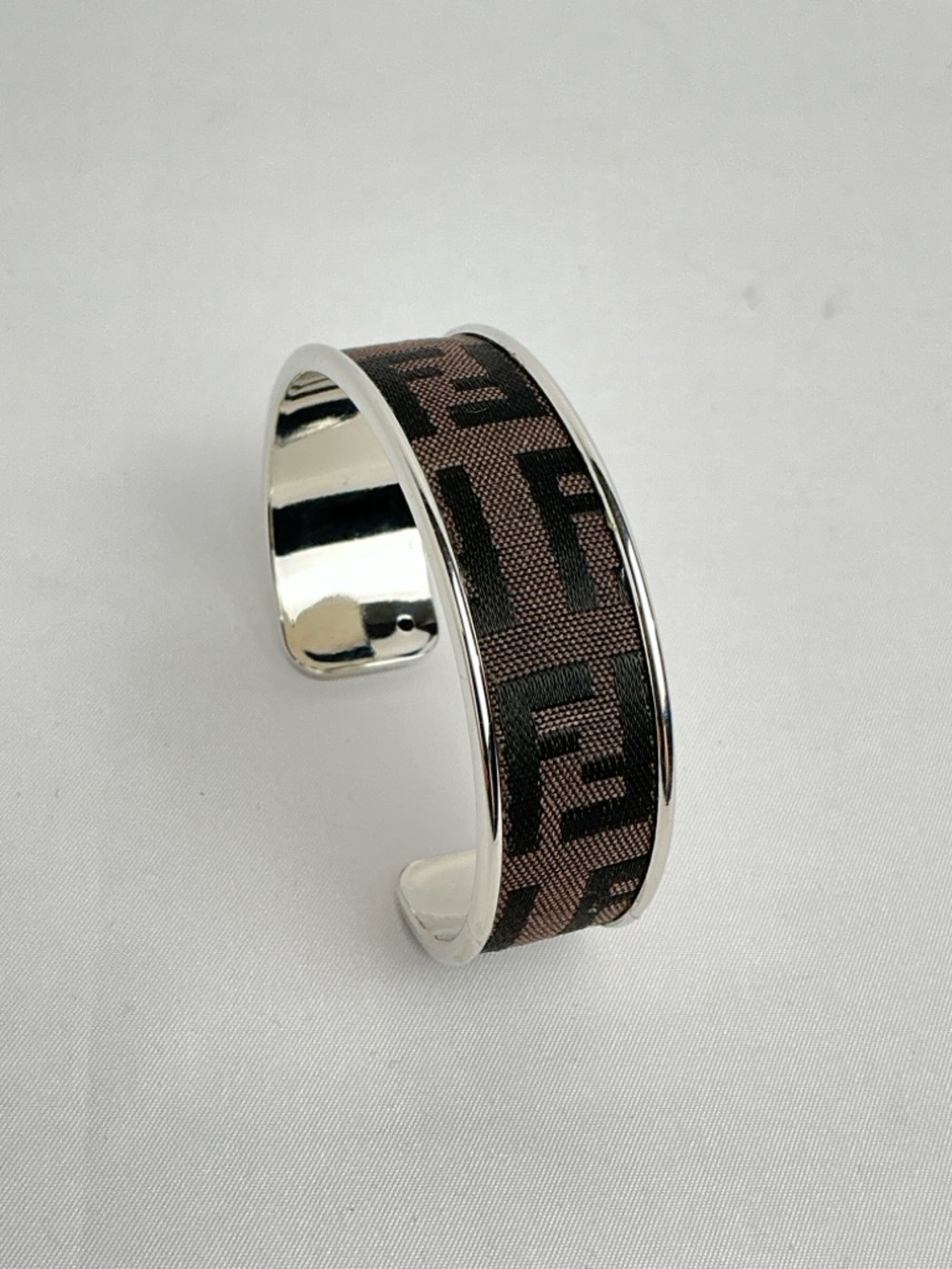 FENDI Brown Monogram Cloth Canvas Silver Cuff Bangle Bracelet